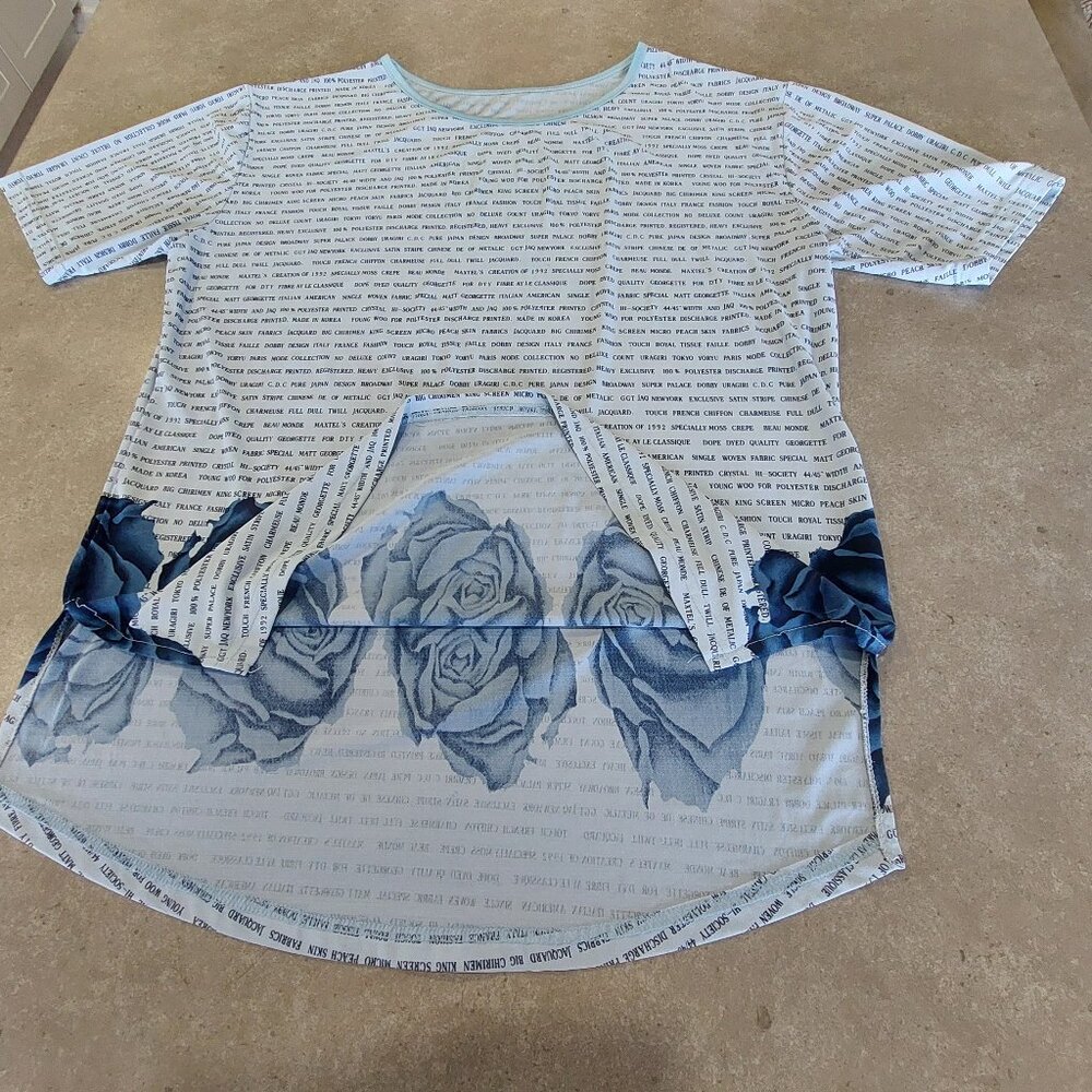 Women's Blue Graphic Wording  Short Sleeves Tee-Shirt with Navy Roses Accent LGE